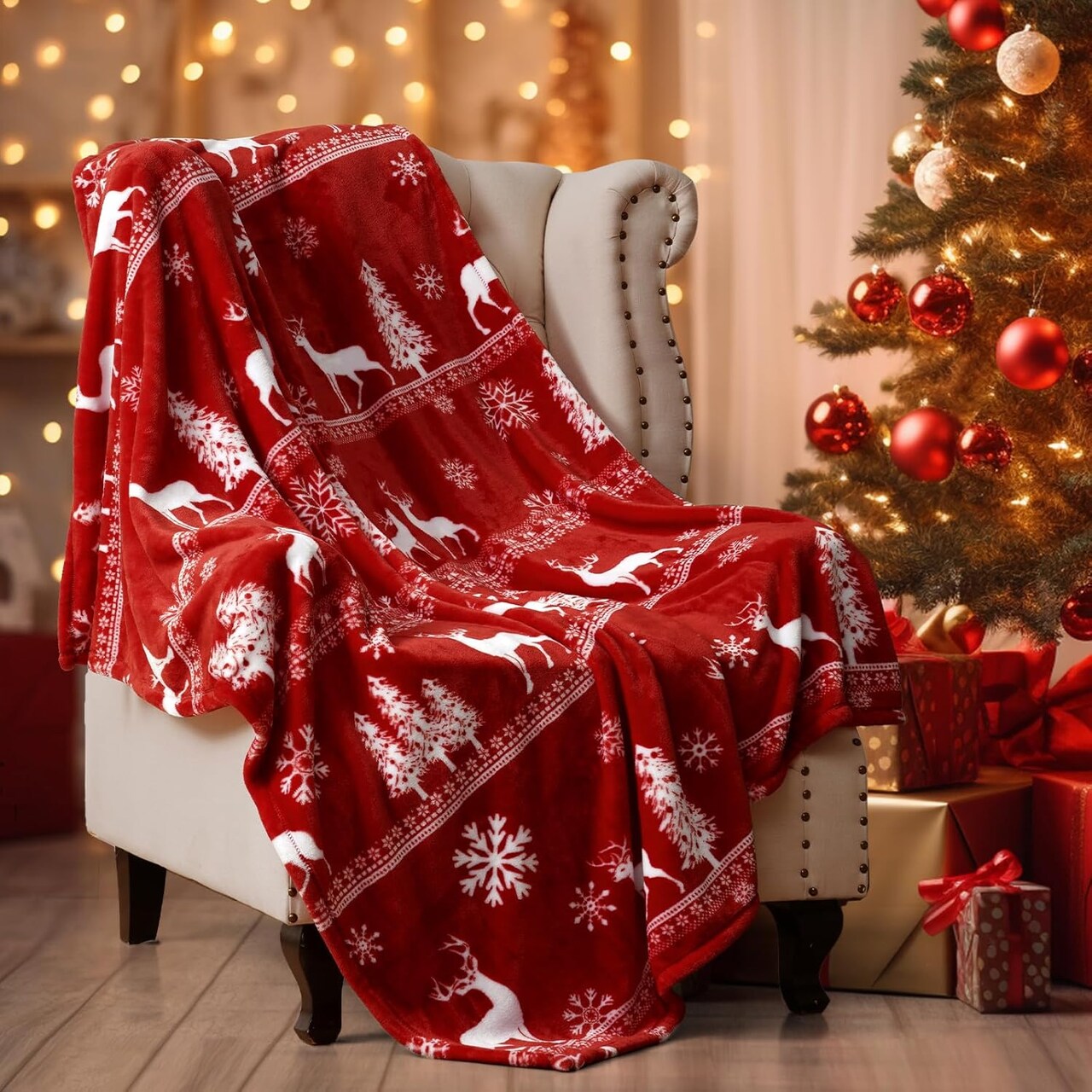 Printed Fleece Throw Blanket, No Shed No Pilling Ultra Soft Plush Cozy Xmas Prints Theme Home Décor Flannel Blanket for Bed, Sofa, Couch and Gift, 50" x 60", Reindeer and Trees, Red